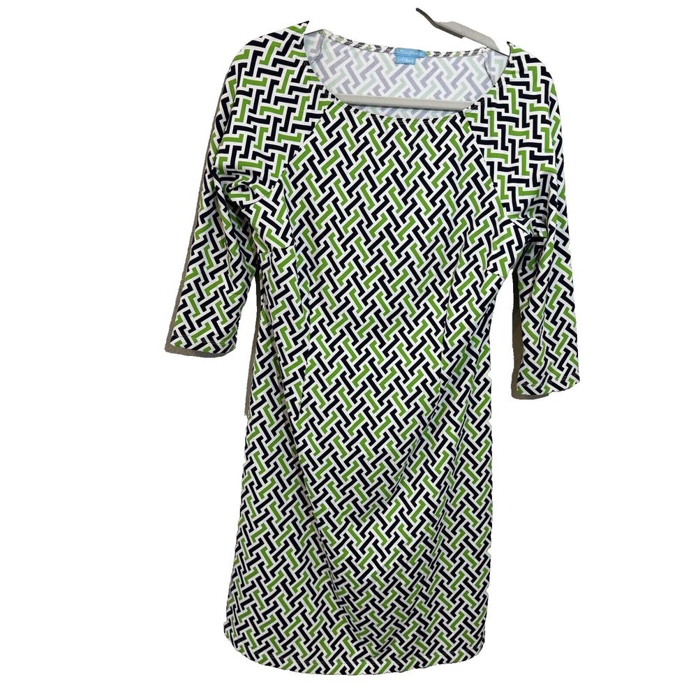 J McLaughlin Mint Green‎ Navy Geometric Print Ruched Catalina Cloth Dress Sz M